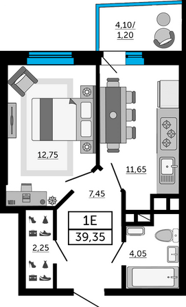 Планировка 1-комн 39,1, 39,35 м²