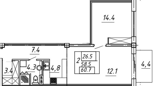 Планировка 2-комн 60,7 м²