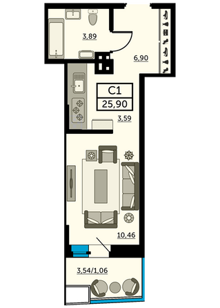 Планировка Студия 25,43 м²