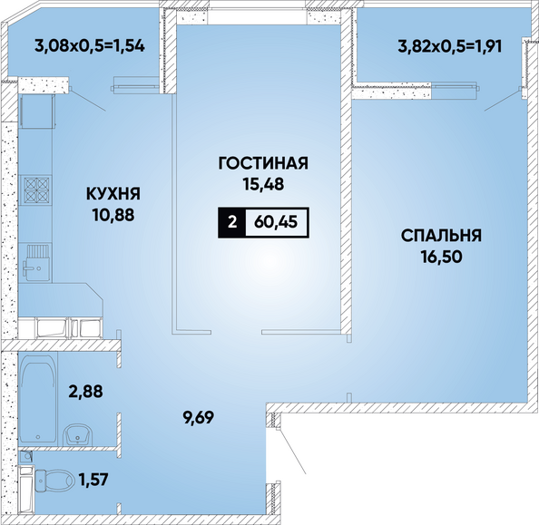 Планировка 2-комн 60,45 м²