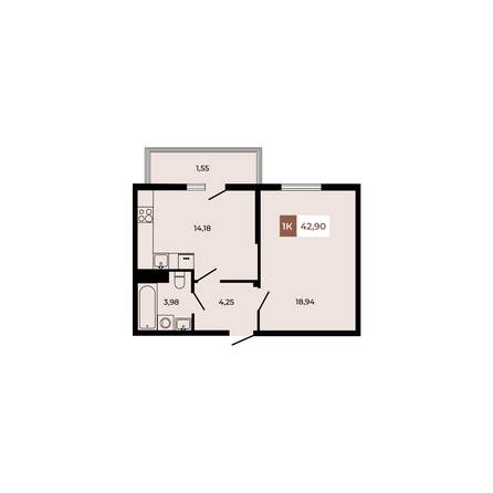 Планировка 1-комн 42,9 м²