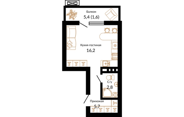 Планировка 1-комн 26,3 м²