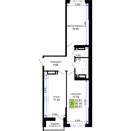 Планировка 2-комн 66,51 м²