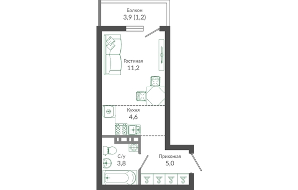 Планировка 1-комн 25,8 м²