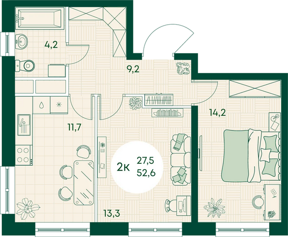 Планировка 2-комн 52,6 м²