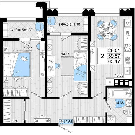 Планировка 2-комн 63,17 м²