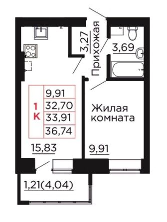 Планировка 1-комн 33,91 м²