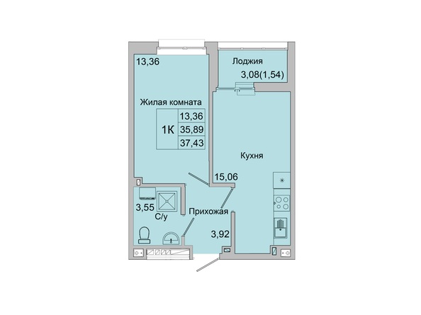 Планировка 1-комн 36,55 - 37,43 м²