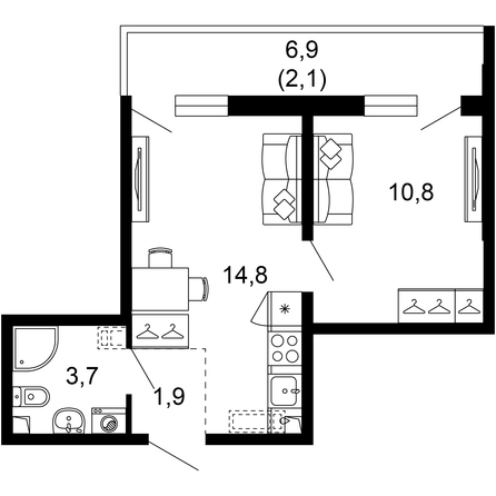 Планировка 1-комн 33,3 м²