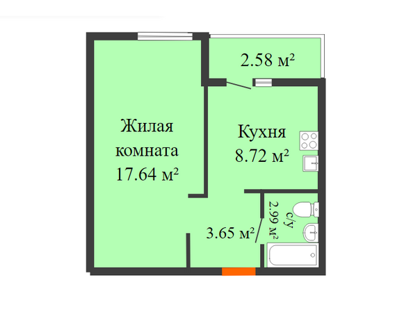 Планировка 1-комн 34,01 м²