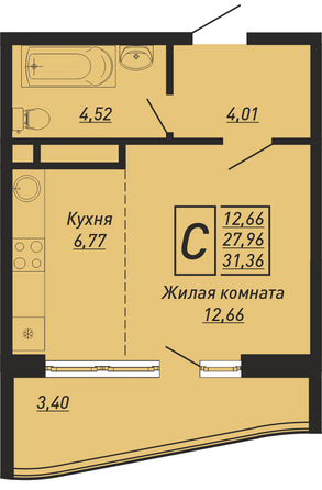 Планировка Студия 31,6 м²