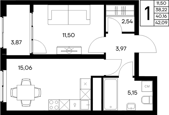 Планировка 1-комн 42,09 м²