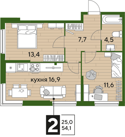 Планировка 2-комн 54,1 м²