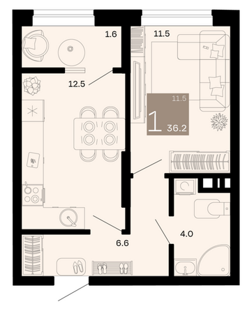 Планировка 1-комн 36,2 м²