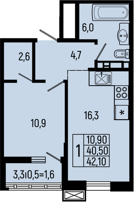 Планировка 1-комн 42,1, 42,5 м²