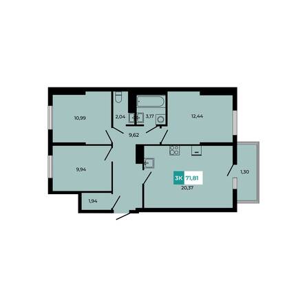 Планировка 3-комн 71,81 м²