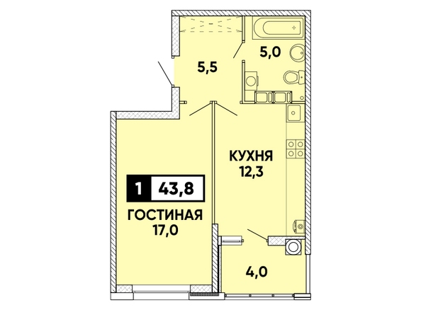 Планировка 1-комн 43,8 м²