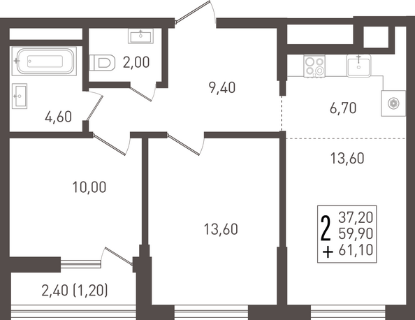 Планировка 2-комн 61,1 м²