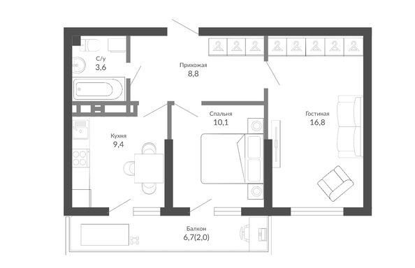 Планировка 2-комн 50,9 м²