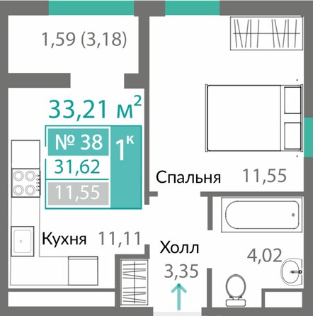 Планировка 1-комн 31,62 м²