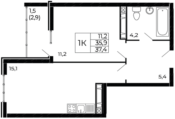 Планировка 1-комн 37,4 м²