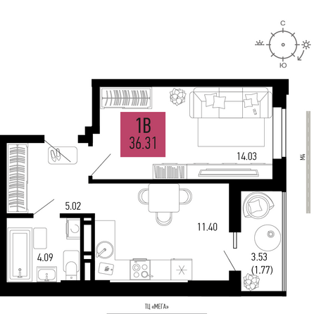 Планировка 1-комн 36,31 м²