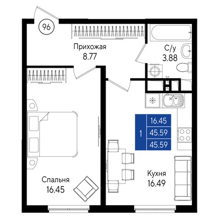 Планировка 1-комн 45,59 м²