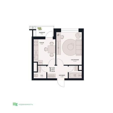 Планировка 1-комн 36,26 м²