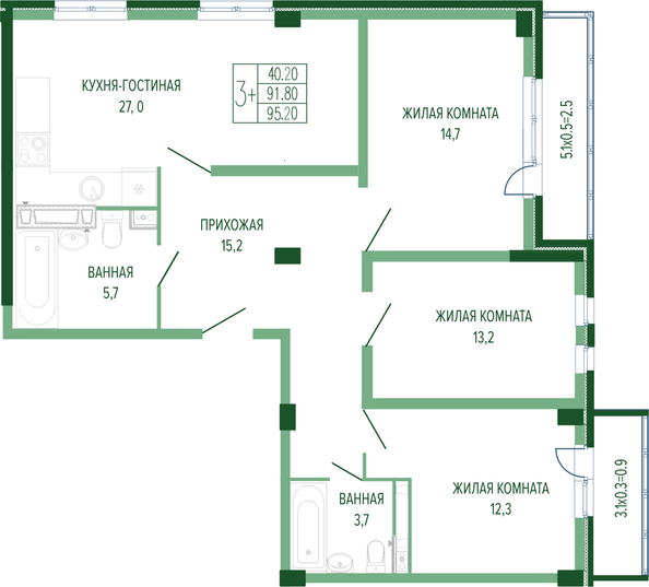 Планировка 3-комн 95,2 м²