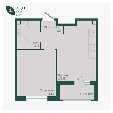 Планировка 1-комн 35 м²