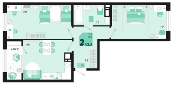 Планировка 2-комн 62,3 - 66,7 м²