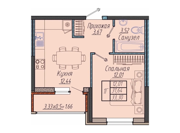 Планировка 1-комн 33,3 м²