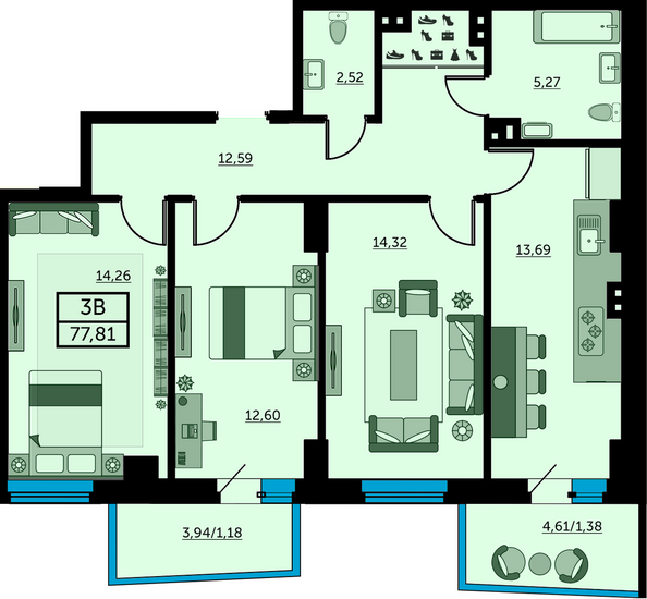 Планировка 3-комн 77,18 - 77,49 м²