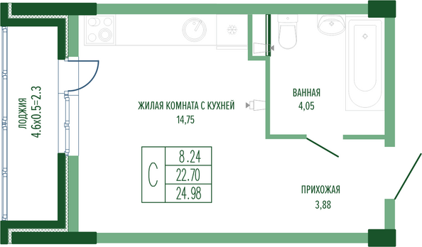 Планировка Студия 24,98 м²