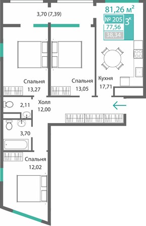 Планировка 3-комн 77,56, 77,65 м²