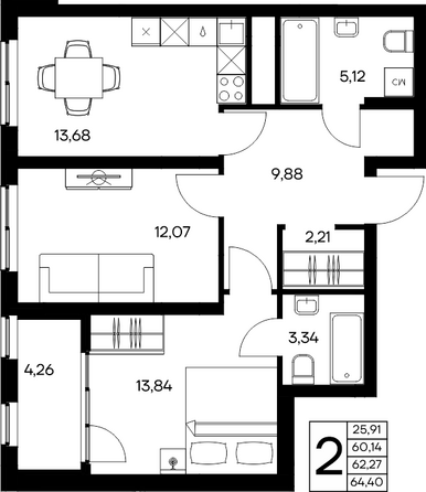 Планировка 2-комн 64,4 м²