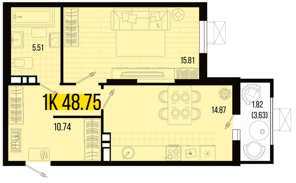 Планировка 1-комн 48,75 м²