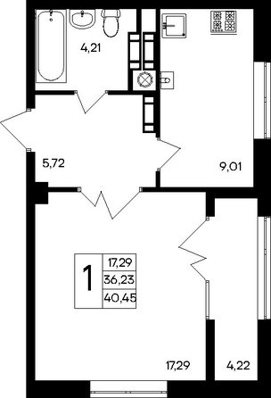 Планировка 1-комн 40,45, 40,71 м²