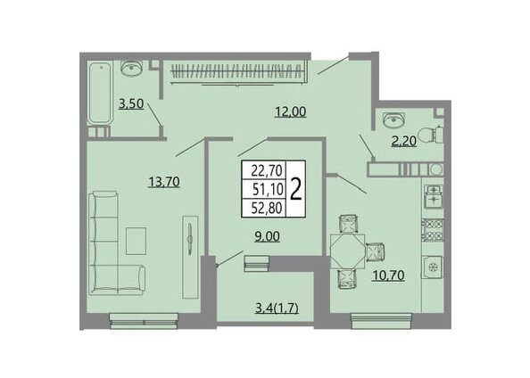Планировка 2-комн 52,8 м²