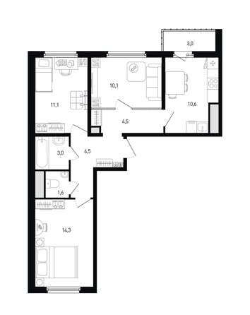 Планировка 3-комн 63,2 м²