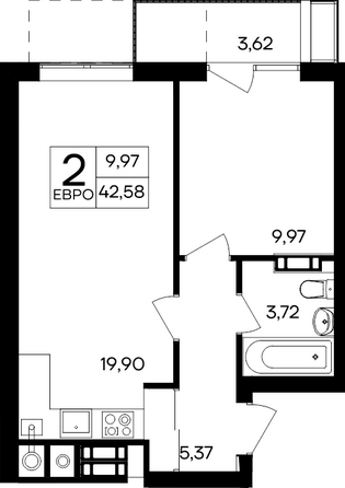 Планировка 1-комн 42,58 м²
