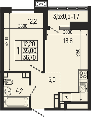 Планировка 1-комн 36,7 - 37,6 м²