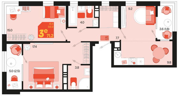 Планировка 3-комн 71,2 м²