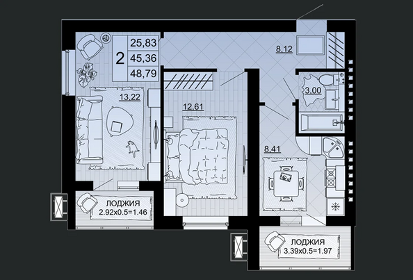 Планировка 2-комн 48,79 м²