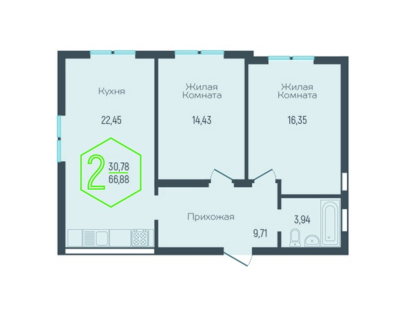 Планировка 2-комн 66,88 м²