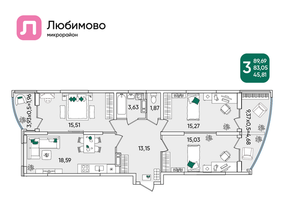 Планировка 3-комн 88,3 - 89,89 м²