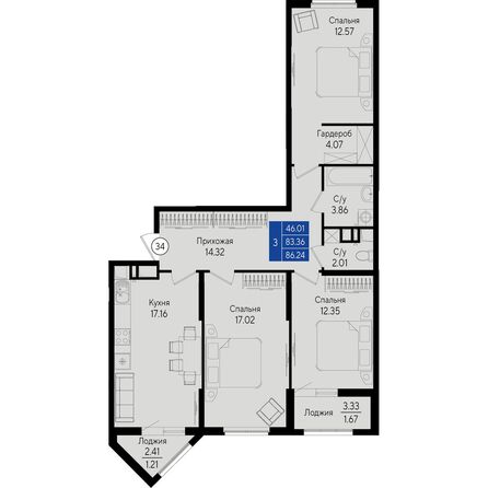 Планировка 3-комн 86,24 м²