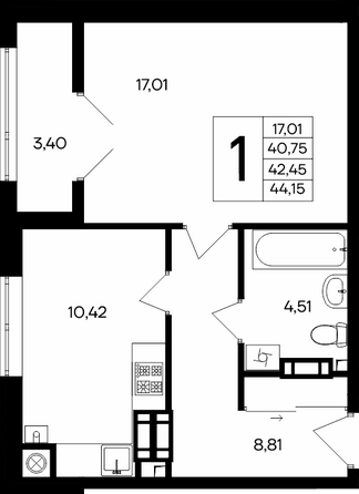 Планировка 1-комн 44,15, 44,55 м²