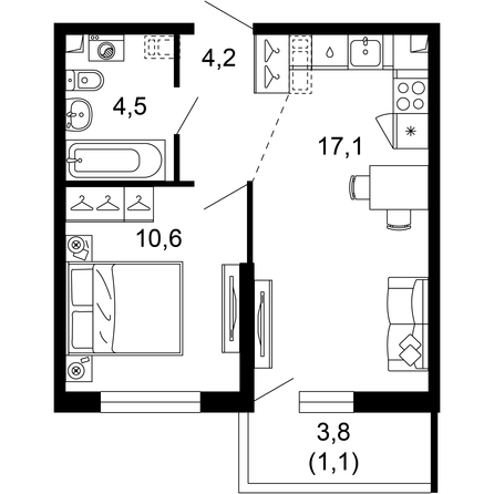 Планировка 1-комн 37,5 м²