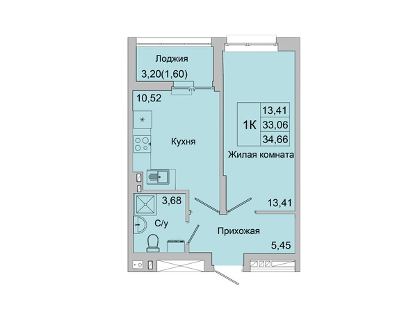 Планировка 1-комн 33,52 - 34,66 м²